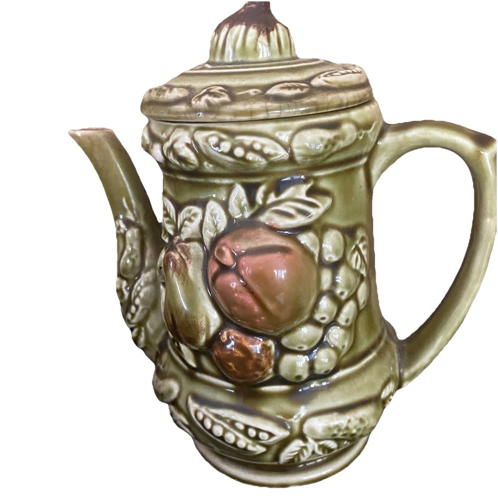 Vintage Majolica Style Teapot Green With Fruit  Japan Ceramic Tall Collectible